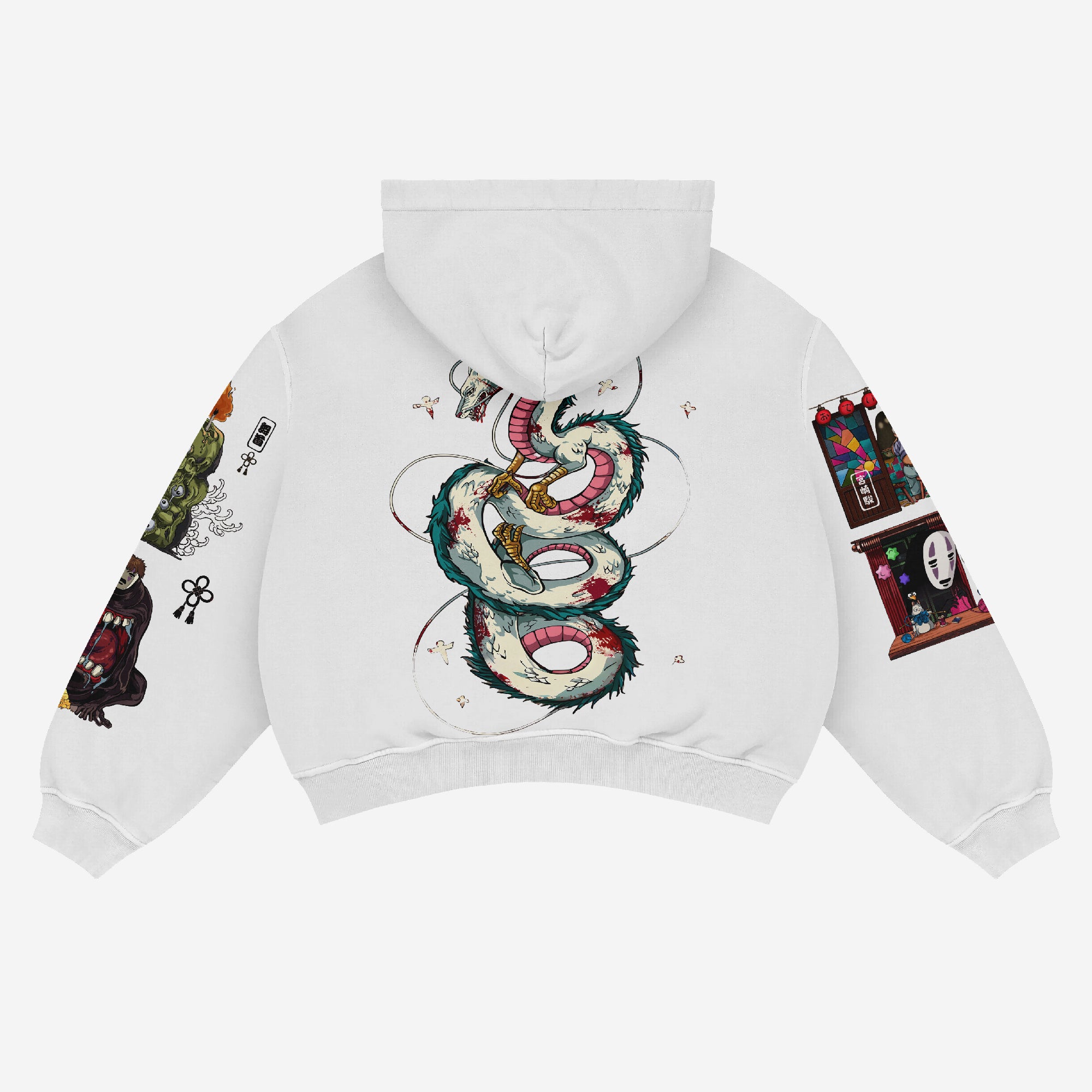 This oversized white 360 GSM Spirited Away Anime Hoodie features a green and red Haku dragon design reminiscent of anime artwork, with vibrant sleeve art depicting a creature on the left and a Chihiro scene in a window on the right, capturing Spirited Away&