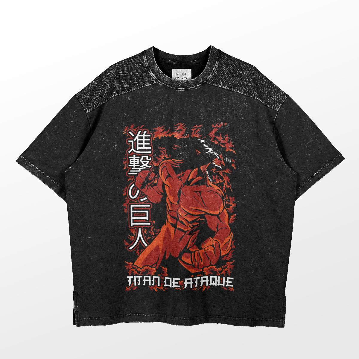 The Attack on Titan-Inspired T-Shirt by Attack on Titan features Eren's Attack Titan in red and gray graphic art with flames, Japanese characters, and "Titan de Ataque" text. This vintage washed black tee offers an authentic worn look.