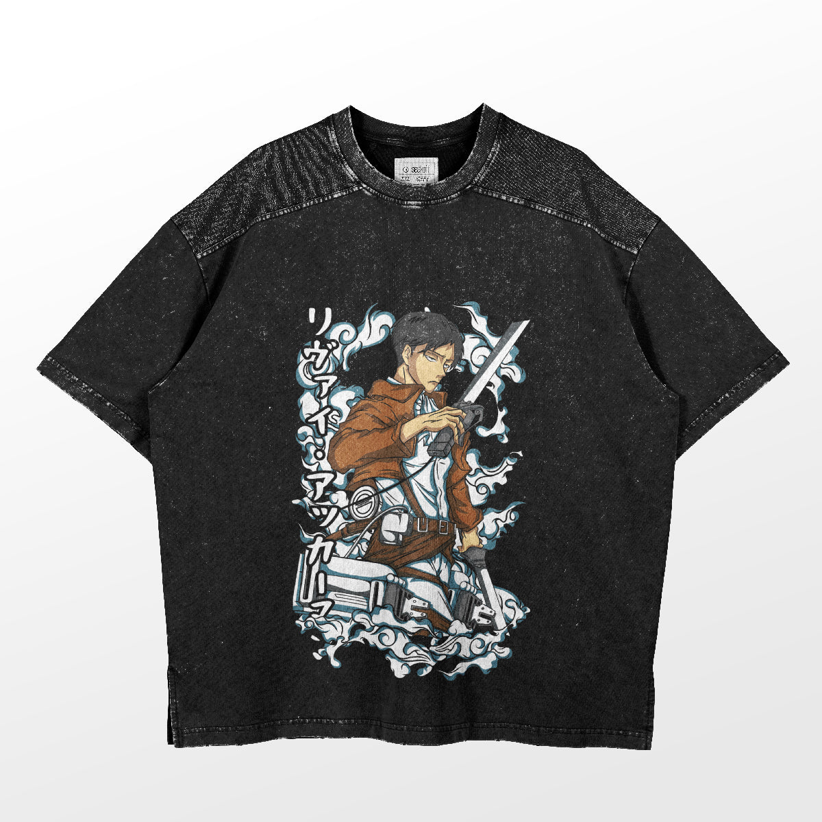 The Attack on Titan Levi Ackerman Oversized T-Shirt, in vintage washed black, showcases a graphic of Levi Ackerman with a sword amid white and light blue swirling patterns. Featuring textured dark grey sleeves, this tee offers a casual fit.