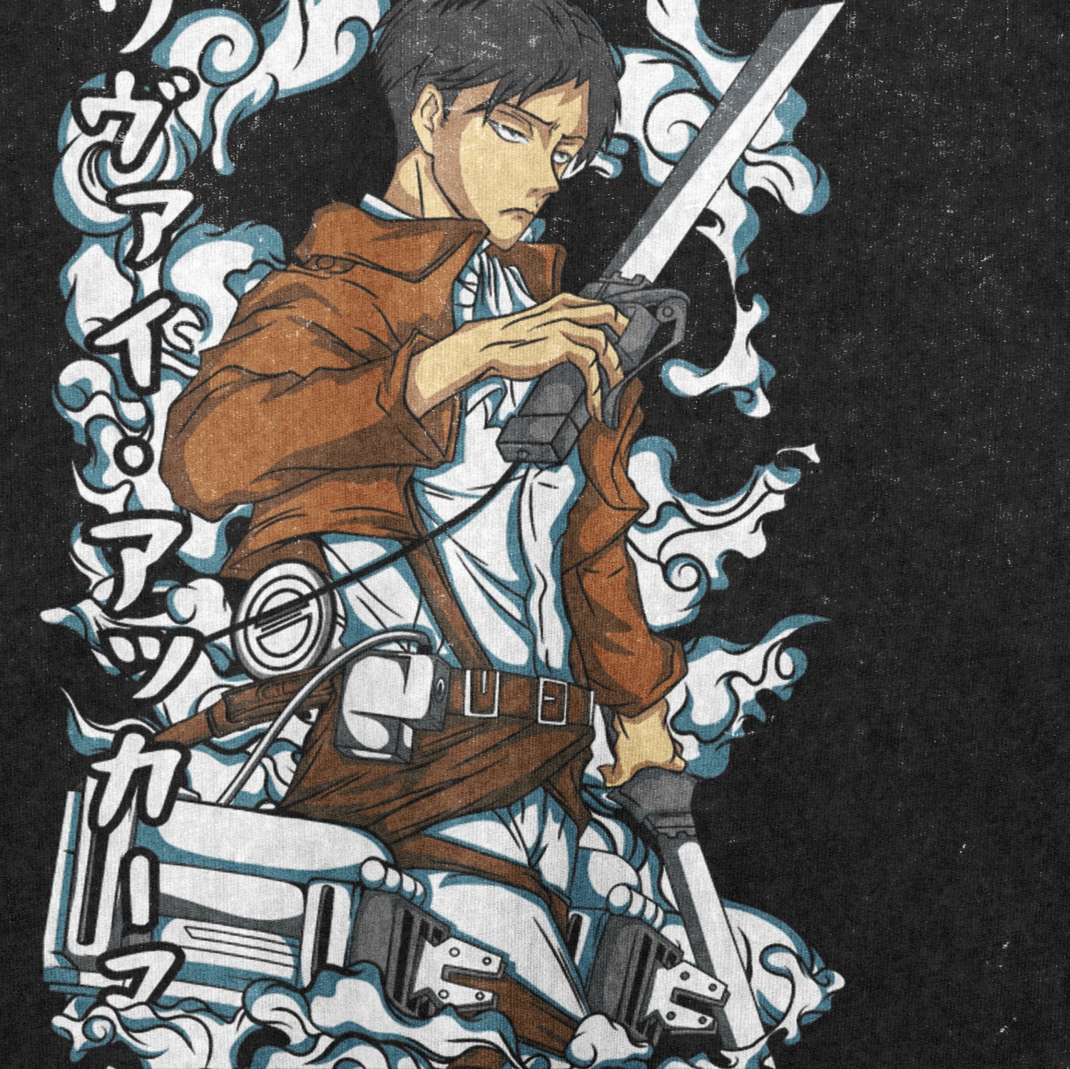 Levi Ackerman from Attack on Titan poses with a weapon on a vintage washed black tee, wearing a brown jacket over an oversized T-shirt and harness, surrounded by white swirling smoke and Japanese text.