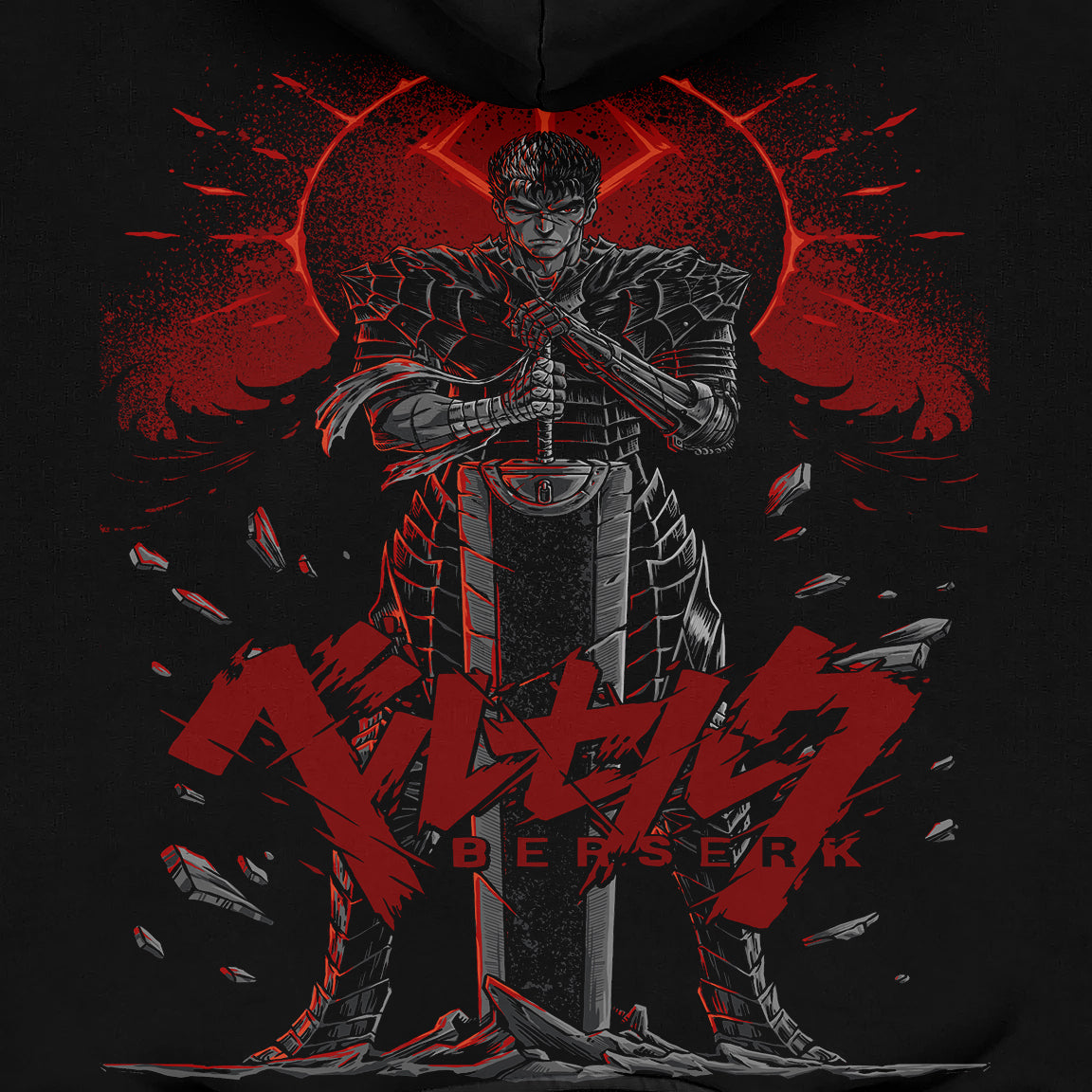 An illustration of a dark-armored warrior with a large sword before a red eclipse, surrounded by floating shards and debris, perfectly encapsulates the &quot;Guts&quot; essence. The word &quot;Berserk&quot; appears below in stylized red text—perfect for an anime fan apparel branded Berserk Anime Hoodie.