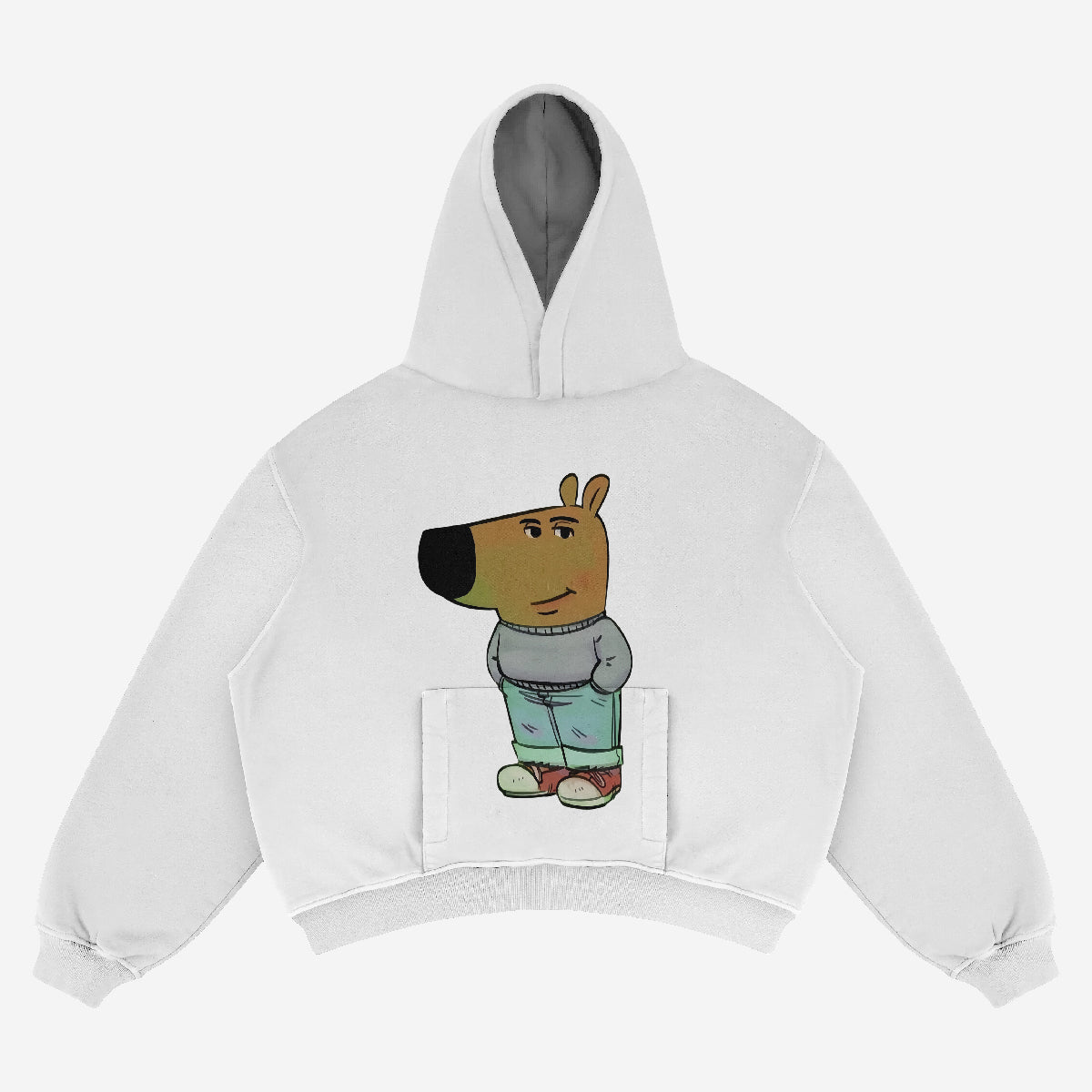 The Chill Guy Hoodie, by Chill Guy, features a cartoon dog in jeans, gray sweater, and red shoes. This streetwear essential offers a relaxed vibe on a white background. Part of the Trendy Streetwear collection with Viral Meme Design, it&