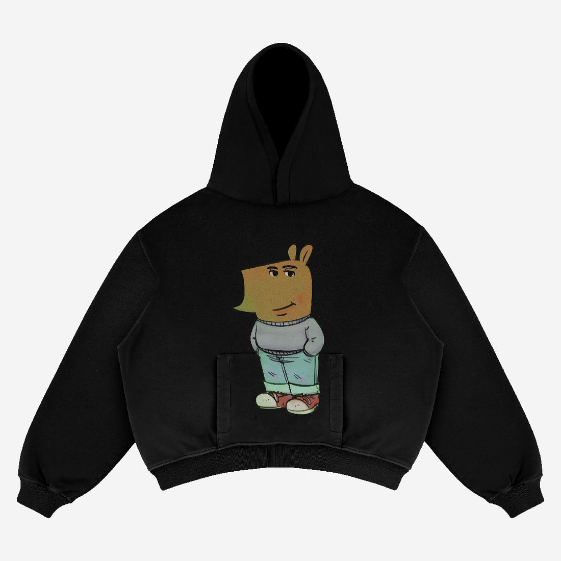 Meet the Chill Guy Hoodie by Chill Guy, a trendy streetwear piece available in black or white. Featuring a viral meme character with rabbit-like ears, brown head, green shirt, gray jacket, blue jeans, and red shoes. Includes a large pocket and hood.