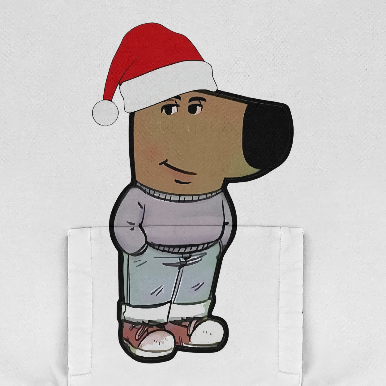 A cartoon dog in a Santa hat and a Holiday Chill Guy Hoodie, available in white or black, exudes confidence. Styled with blue jeans and red shoes on a plain white background featuring a pocket at the bottom, this meme-inspired festive streetwear look is from the Chill Guy brand.