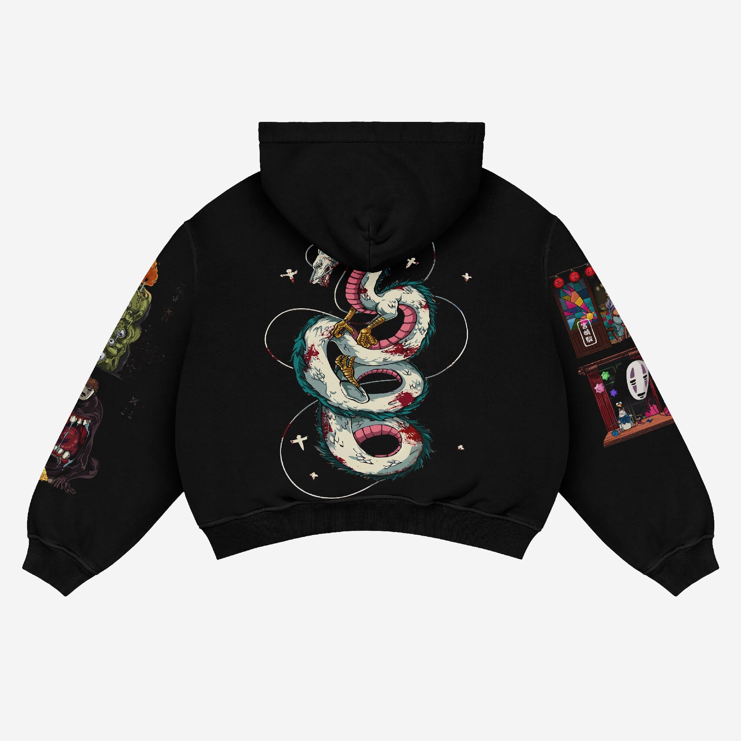 Experience the Spirited Away Anime Hoodie in white, featuring Haku Dragon &amp; Chihiro Scene. This 360 GSM cotton hoodie blends oversized streetwear sleeves with vivid graphics, including a mask and vibrant elements, on its back. Made by Spirited Away, the hood remains plain black.