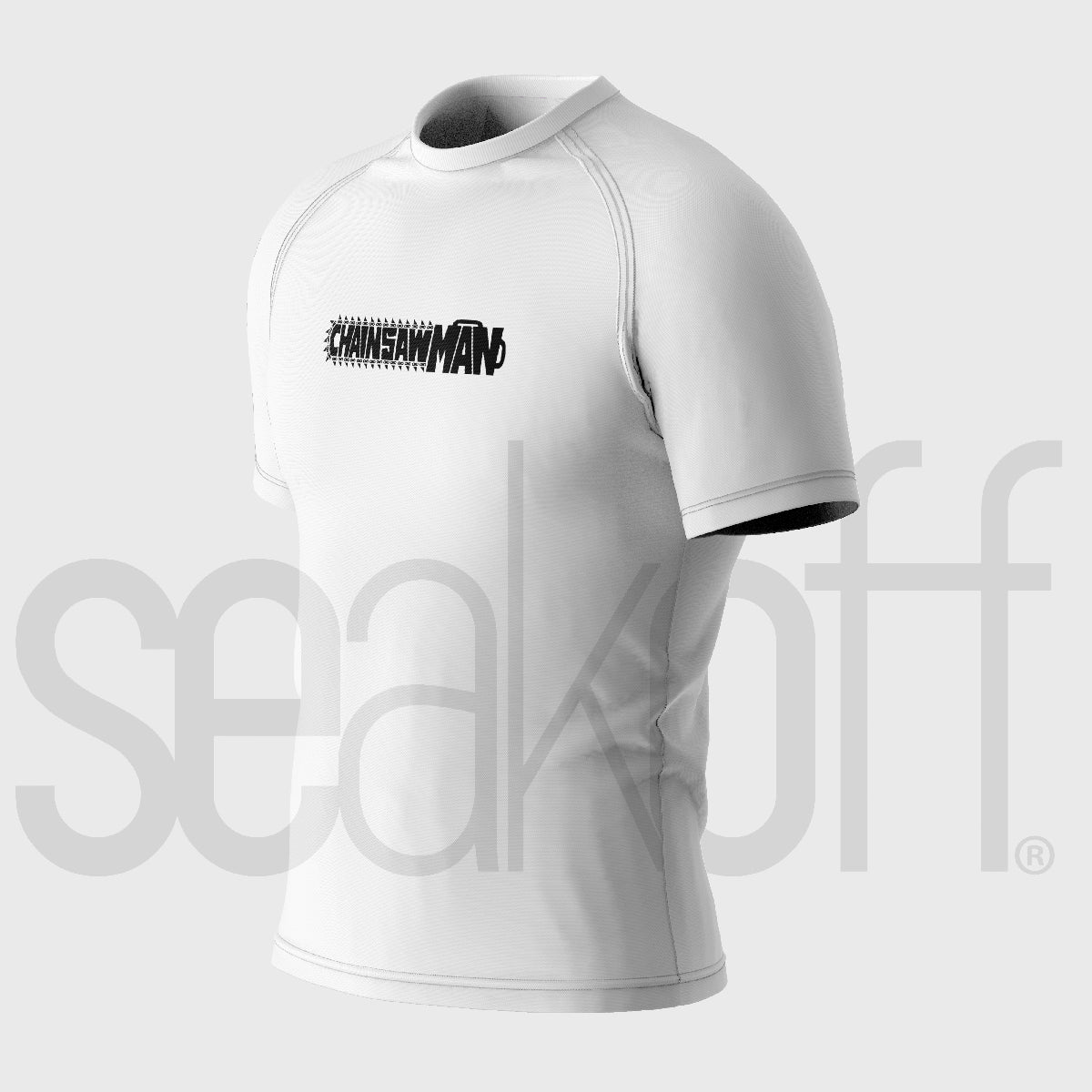 The Seakoff Chainsaw Man Compression Gym Shirt, made of 85% polyester and 15% spandex, is a high-performance white short-sleeve workout top featuring bold black &quot;CHAINSAWMAN&quot; text. Displayed on a light gray background, the image includes faint &quot;seakoff&quot; text overlay.