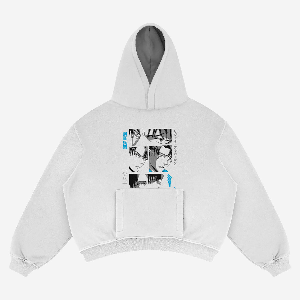 The Attack on Titan Levi Hoodie features a striking rectangular graphic on the back with black and white comic-style eye illustrations and blue and black text, capturing Levi Ackerman's gaze. This oversized black streetwear hoodie includes a front pocket and drawstring hood, perfect for any fan.