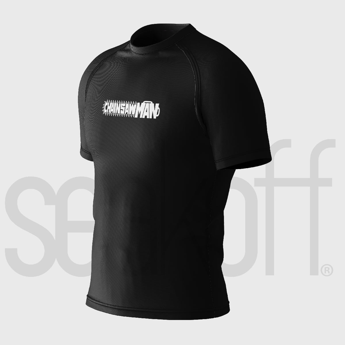 The Seakoff Chainsaw Man Compression Gym Shirt is a black, short-sleeve high-performance workout top featuring "Chainsaw Man" in bold white. Made with 85% polyester and 15% spandex for moisture-wicking comfort, it's perfect for fans seeking stylish functionality, displayed on a light gray background.