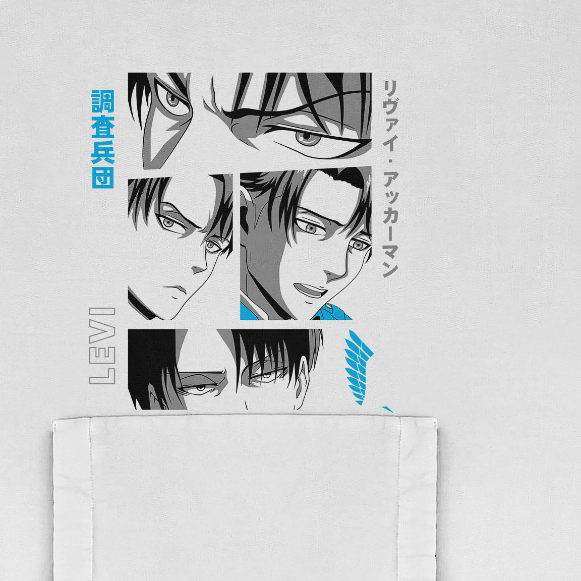 The Attack on Titan Levi Hoodie showcases a collage of manga characters with intense expressions and blue accents, along with Japanese text and &quot;Levi Ackerman.&quot; It features the Scouting Legion emblem in a monochrome style.