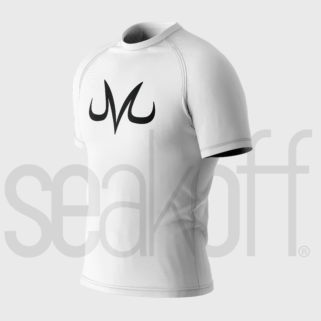 The Vegeta Majin Compression Gym Shirt by Seakoff, inspired by Dragon Ball Z and made of 85% polyester and 15% spandex, features a black abstract chest logo on a short-sleeve white top. &quot;SEAKOFF&quot; is subtly watermarked over the shirt against a light gray background.