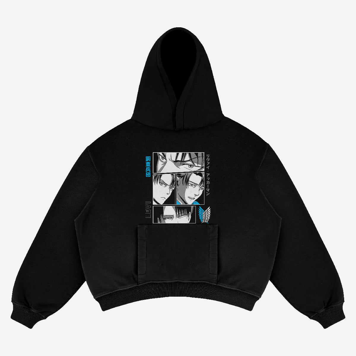 The Attack on Titan Levi Hoodie is an oversized black streetwear piece featuring manga-style face illustrations in black and white panels, blue and white Japanese text, and the iconic Scouting Legion emblem on the sleeve. It includes a large front pocket and a hood.