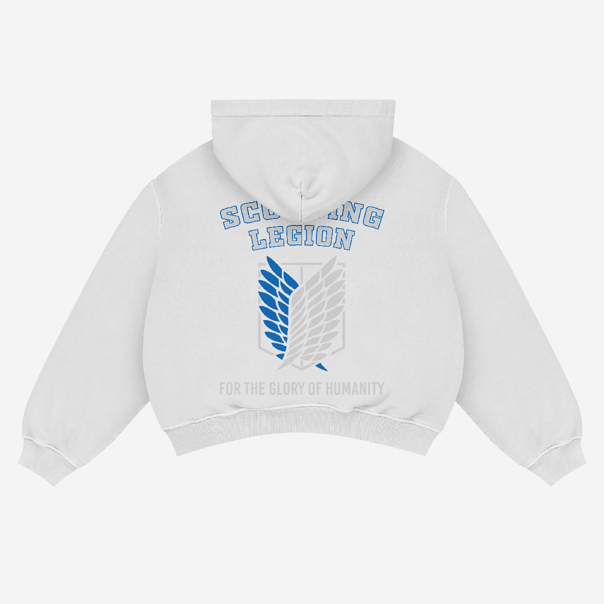 The Attack on Titan Levi Hoodie is an oversized black streetwear piece featuring &quot;SCOUTING LEGION&quot; in blue above a stylized emblem in blue and gray, with &quot;FOR THE GLORY OF HUMANITY&quot; below, honoring Levi Ackerman. It&