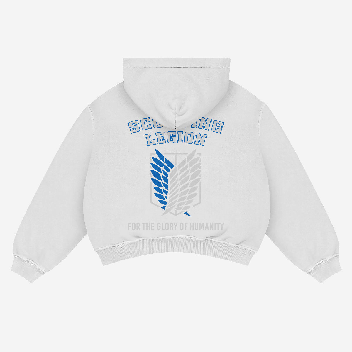 The Attack on Titan Levi Hoodie is an oversized black streetwear piece featuring "SCOUTING LEGION" in blue above a stylized emblem in blue and gray, with "FOR THE GLORY OF HUMANITY" below, honoring Levi Ackerman. It's displayed on a plain white backdrop.