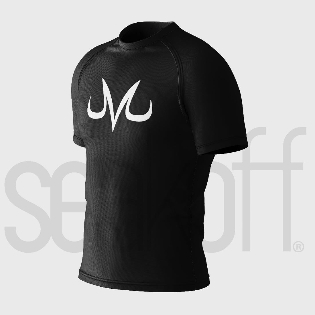 The Vegeta Majin Compression Gym Shirt by Seakoff, inspired by Dragon Ball Z, features a black short-sleeve design with stylized horns in white on the chest. Made of moisture-wicking 85% polyester and 15% spandex for peak performance, &quot;seekoff&quot; is subtly visible on the light gray background.