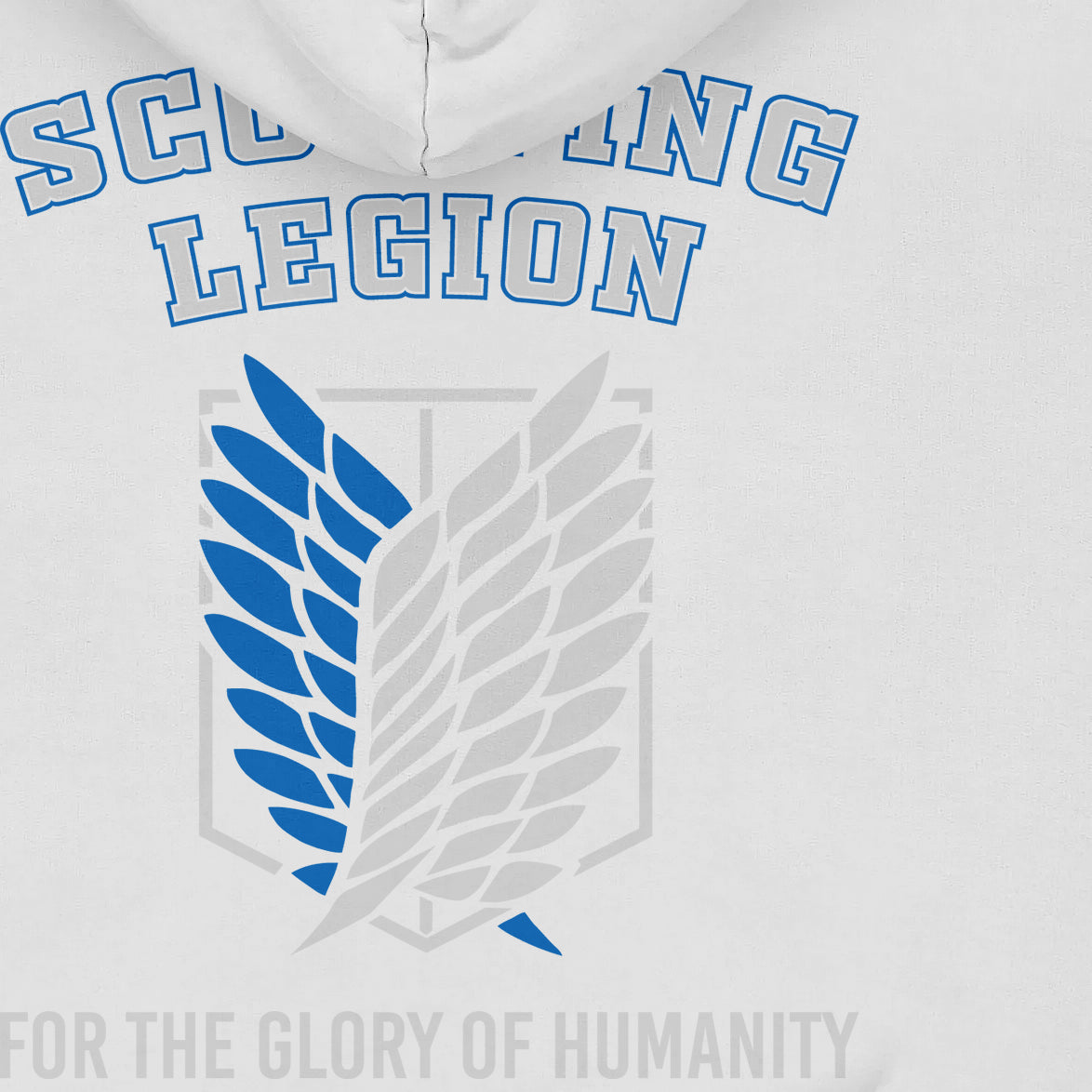 This black Attack on Titan hoodie features "SCOUTING LEGION" in blue above the iconic emblem. Below, the phrase "FOR THE GLORY OF HUMANITY" appears in gray, symbolizing Levi Ackerman’s fearless commitment. It's an oversized streetwear piece from the brand Attack on Titan.