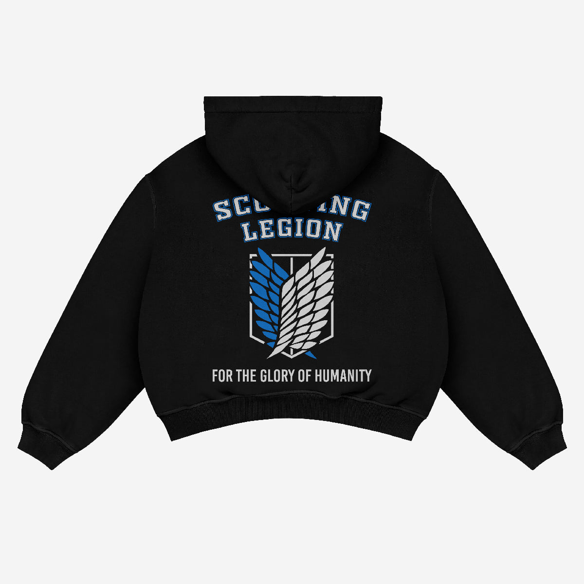 Attack on Titan Levi Hoodie – Scouting Legion Oversized Black Streetwear prominently displays 'SCOUTING LEGION' and 'FOR THE GLORY OF HUMANITY' with a white and blue Scouting Legion emblem, inspired by Attack on Titan's fantasy theme.