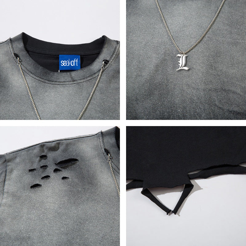 A four-panel image features a Limited Edition Death Note Long Sleeve Shirt in black &amp; gray gradient with &quot;tear off&quot; tag, an &quot;L&quot; pendant necklace, fabric distressing, and inside-out hanging threads, perfectly embodying anime streetwear style.