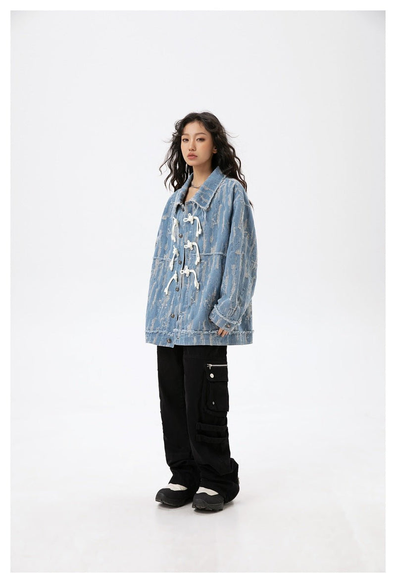 Unique Distressed Denim Chambray Jacket on Sale - Men's and Women's Long Sleeve with Toggle Closure - Seakoff