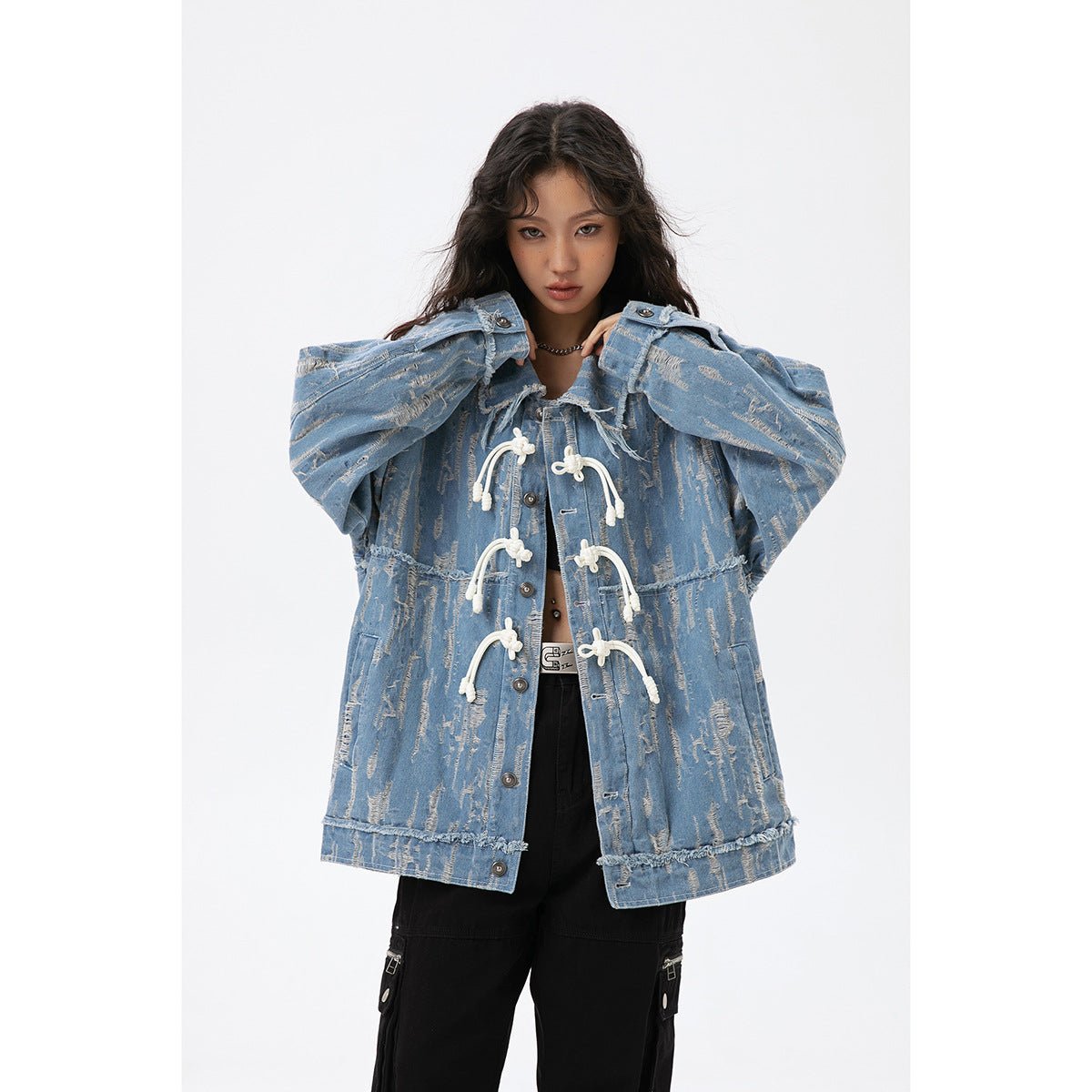 Unique Distressed Denim Chambray Jacket on Sale - Men's and Women's Long Sleeve with Toggle Closure - Seakoff