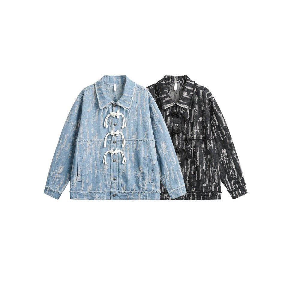 Unique Distressed Denim Chambray Jacket on Sale - Men's and Women's Long Sleeve with Toggle Closure - Seakoff