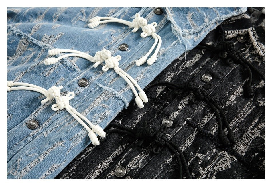 Unique Distressed Denim Chambray Jacket on Sale - Men's and Women's Long Sleeve with Toggle Closure - Seakoff