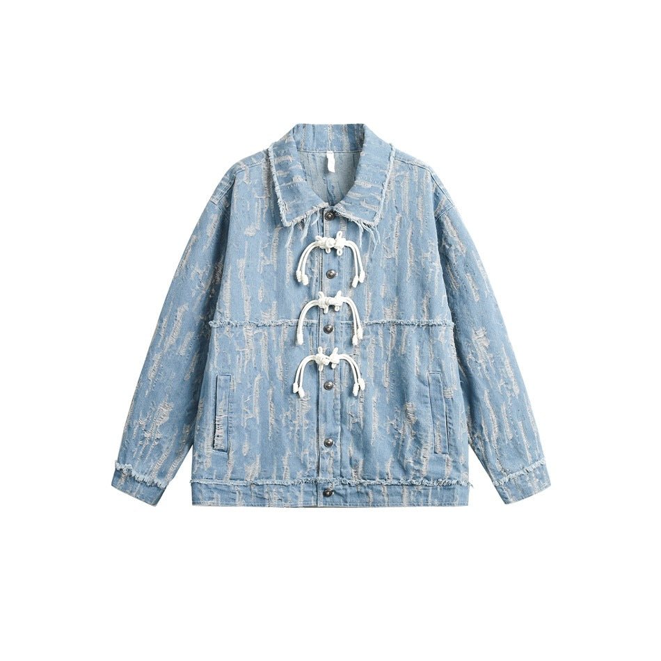 Unique Distressed Denim Chambray Jacket on Sale - Men's and Women's Long Sleeve with Toggle Closure - Seakoff