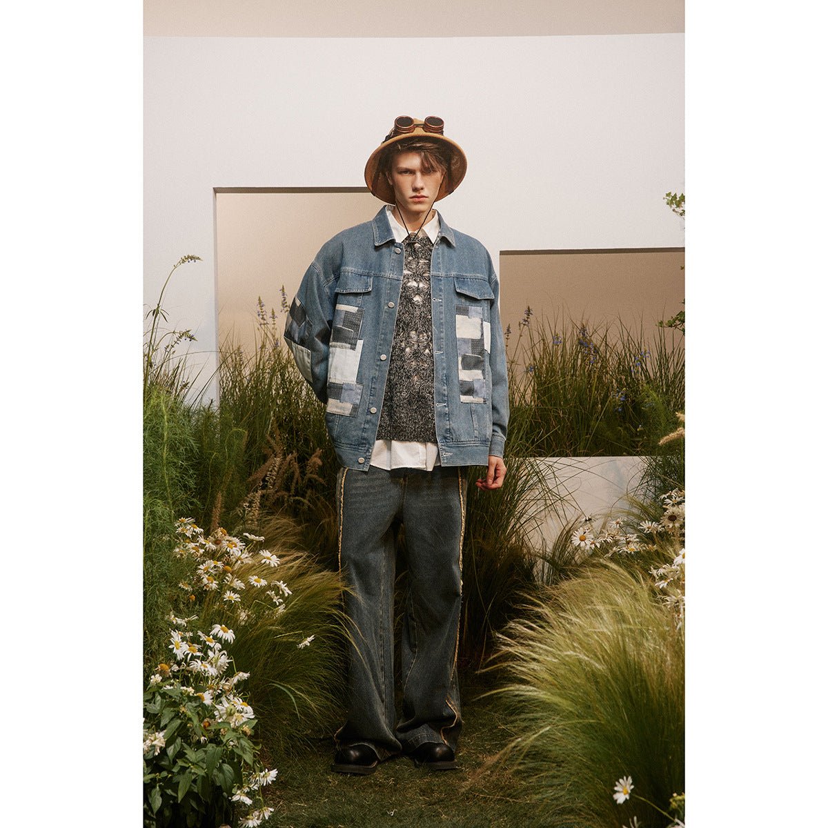 Unique Patchwork Denim Chambray Jacket on Sale - Men's and Women's Long Sleeve Vintage Style - Seakoff
