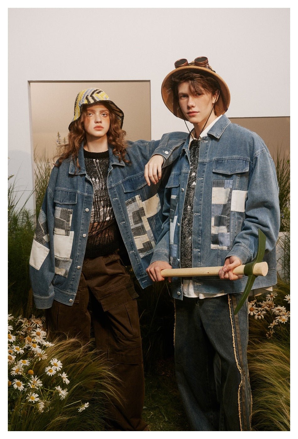 Unique Patchwork Denim Chambray Jacket on Sale - Men's and Women's Long Sleeve Vintage Style - Seakoff