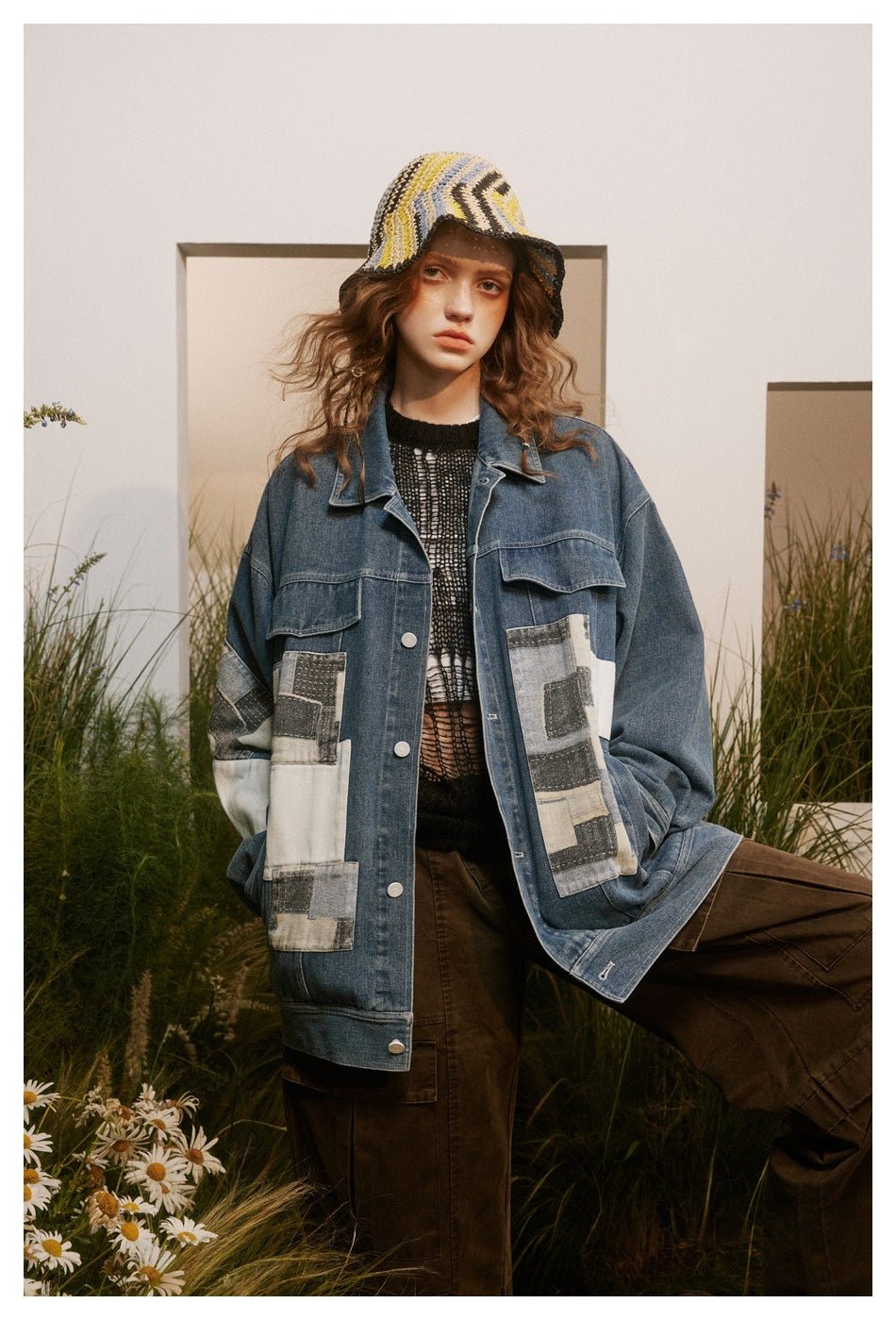 Unique Patchwork Denim Chambray Jacket on Sale - Men's and Women's Long Sleeve Vintage Style - Seakoff