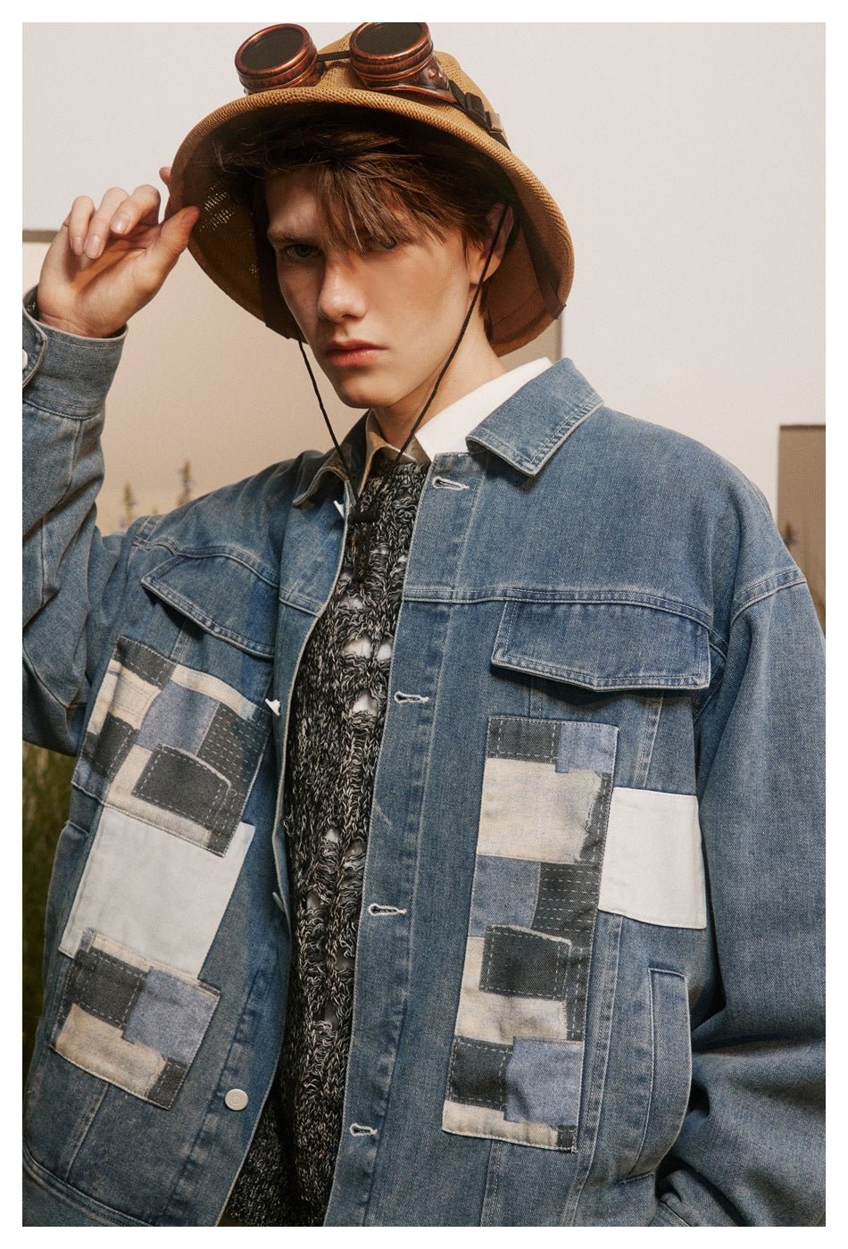 Unique Patchwork Denim Chambray Jacket on Sale - Men's and Women's Long Sleeve Vintage Style - Seakoff