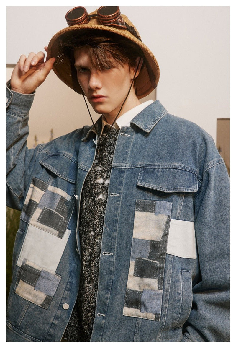 Unique Patchwork Denim Chambray Jacket on Sale - Men's and Women's Long Sleeve Vintage Style - Seakoff