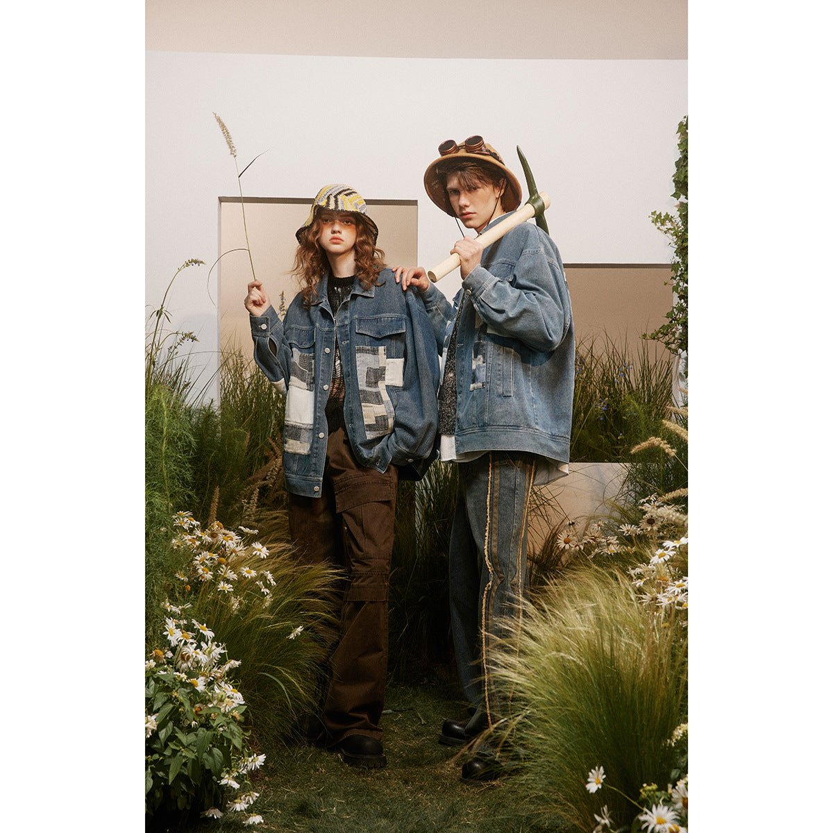 Unique Patchwork Denim Chambray Jacket on Sale - Men's and Women's Long Sleeve Vintage Style - Seakoff