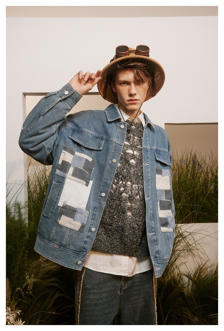 Unique Patchwork Denim Chambray Jacket on Sale - Men&