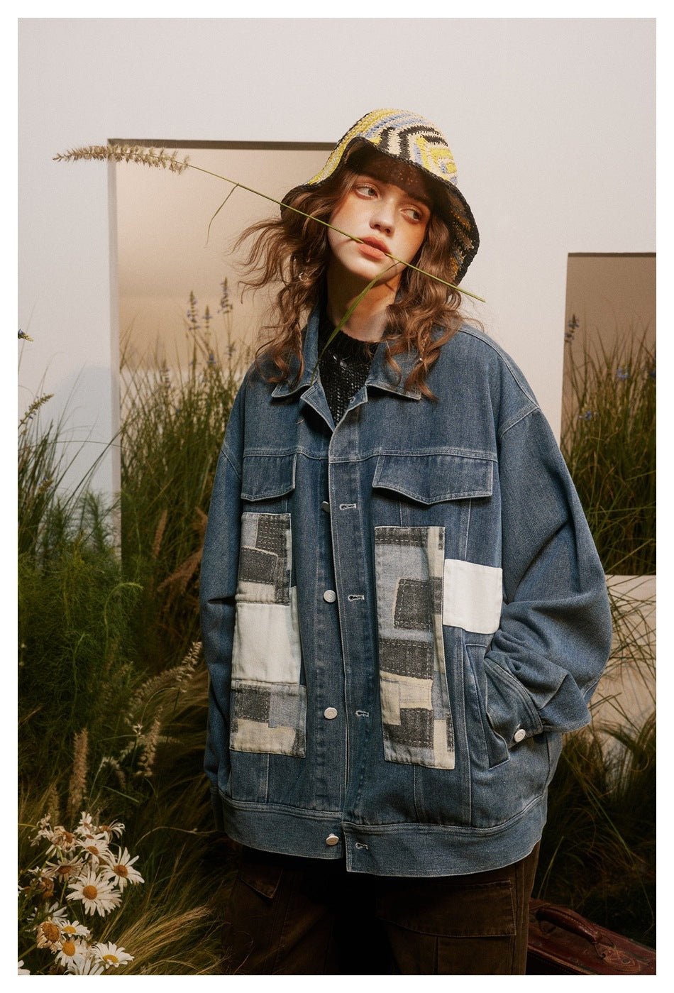 Unique Patchwork Denim Chambray Jacket on Sale - Men's and Women's Long Sleeve Vintage Style - Seakoff