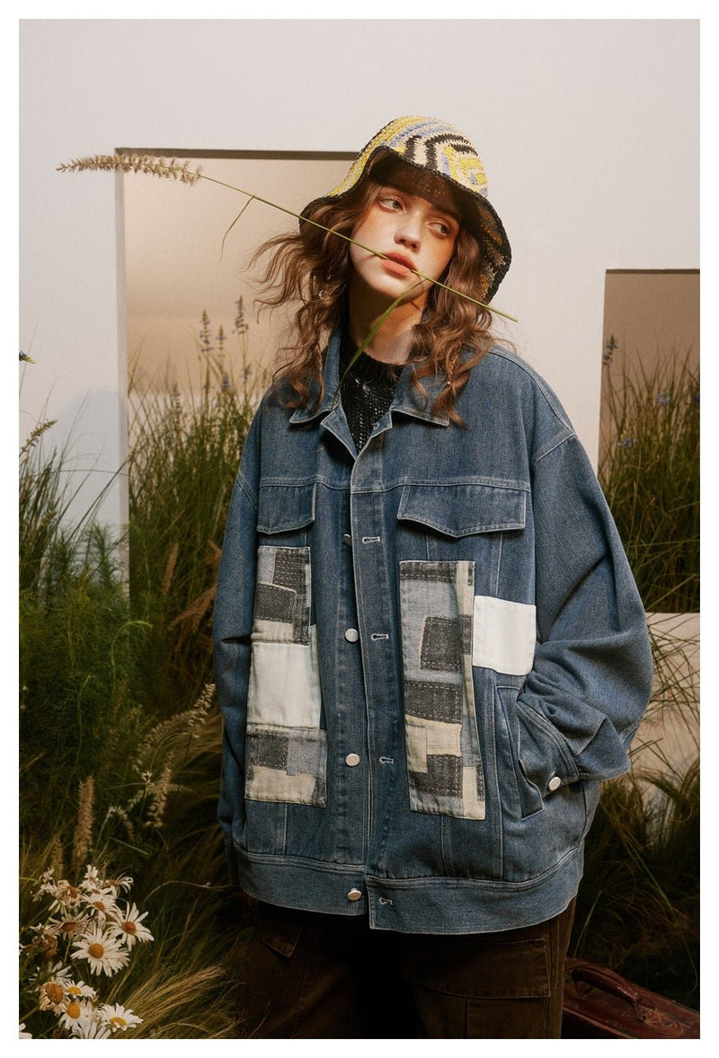 Unique Patchwork Denim Chambray Jacket on Sale - Men's and Women's Long Sleeve Vintage Style - Seakoff