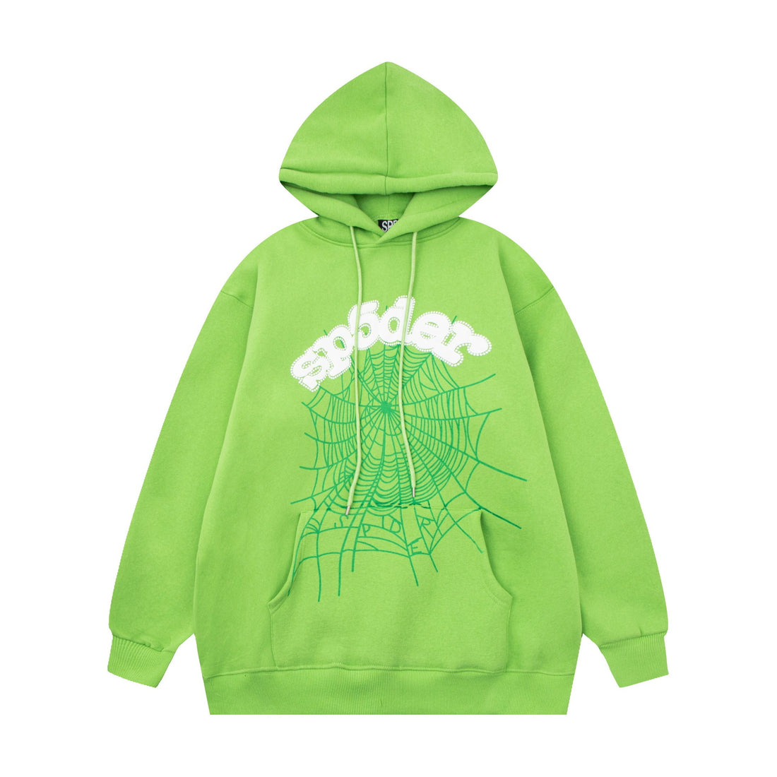 Vibrant Green Sp5der Hoodie - Trendy Web Print Hooded Sweatshirt - Seakoff