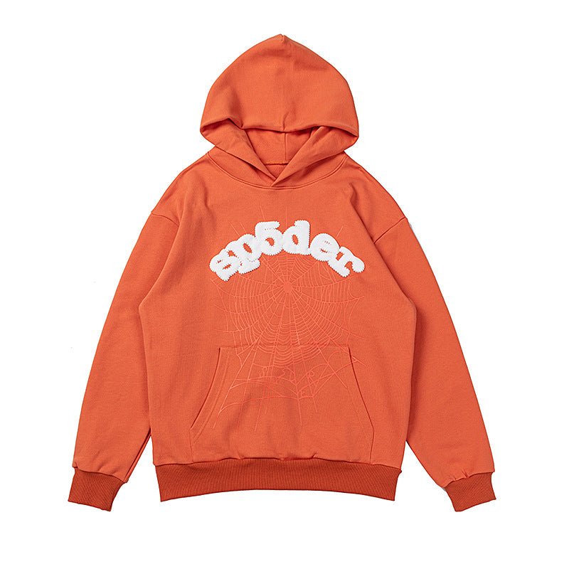 Vibrant Orange Sp5der Hoodie - Trendy Web Print Hooded Sweatshirt - Seakoff