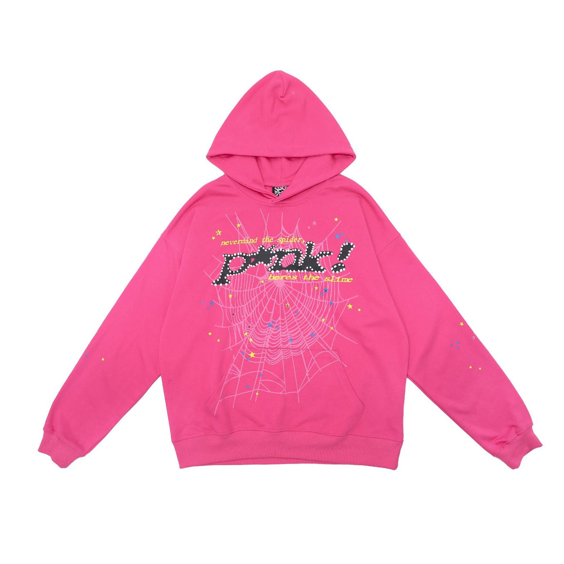 Vibrant Pink Sp5der Hoodie - Trendy Web Print Hooded Sweatshirt - Seakoff