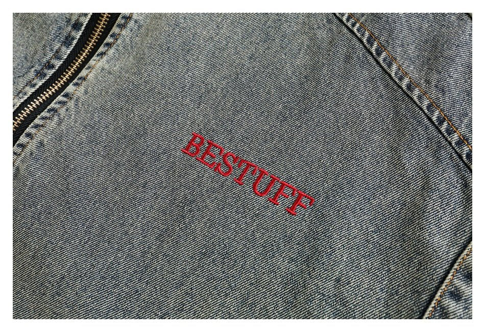 Vintage Distressed Denim Bomber Jacket on Sale - Men's and Women's Long Sleeve - Seakoff