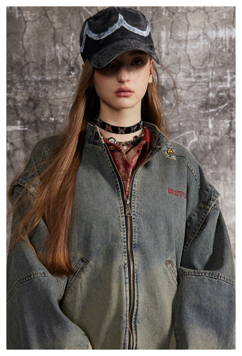 Vintage Distressed Denim Bomber Jacket on Sale - Men's and Women's Long Sleeve - Seakoff