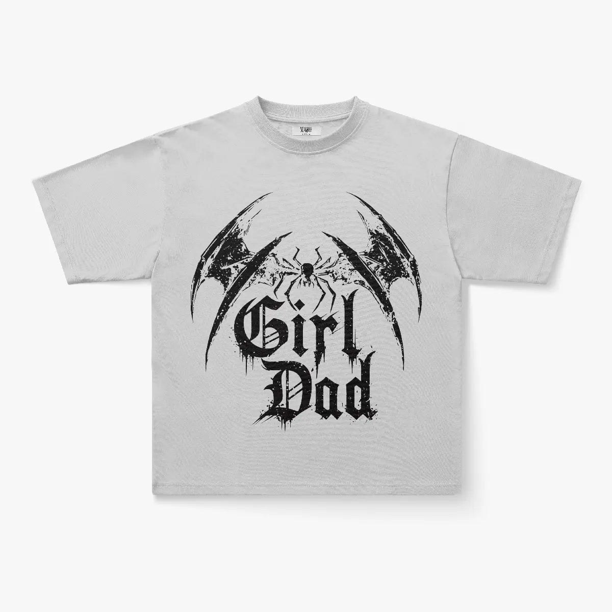 The Girl Dad Gothic Spider Wing Graphic Oversized Black T-Shirt features bold gothic text and spiky spider wing graphics, making it perfect for fans of heavy metal streetwear and edgy graphic tees.