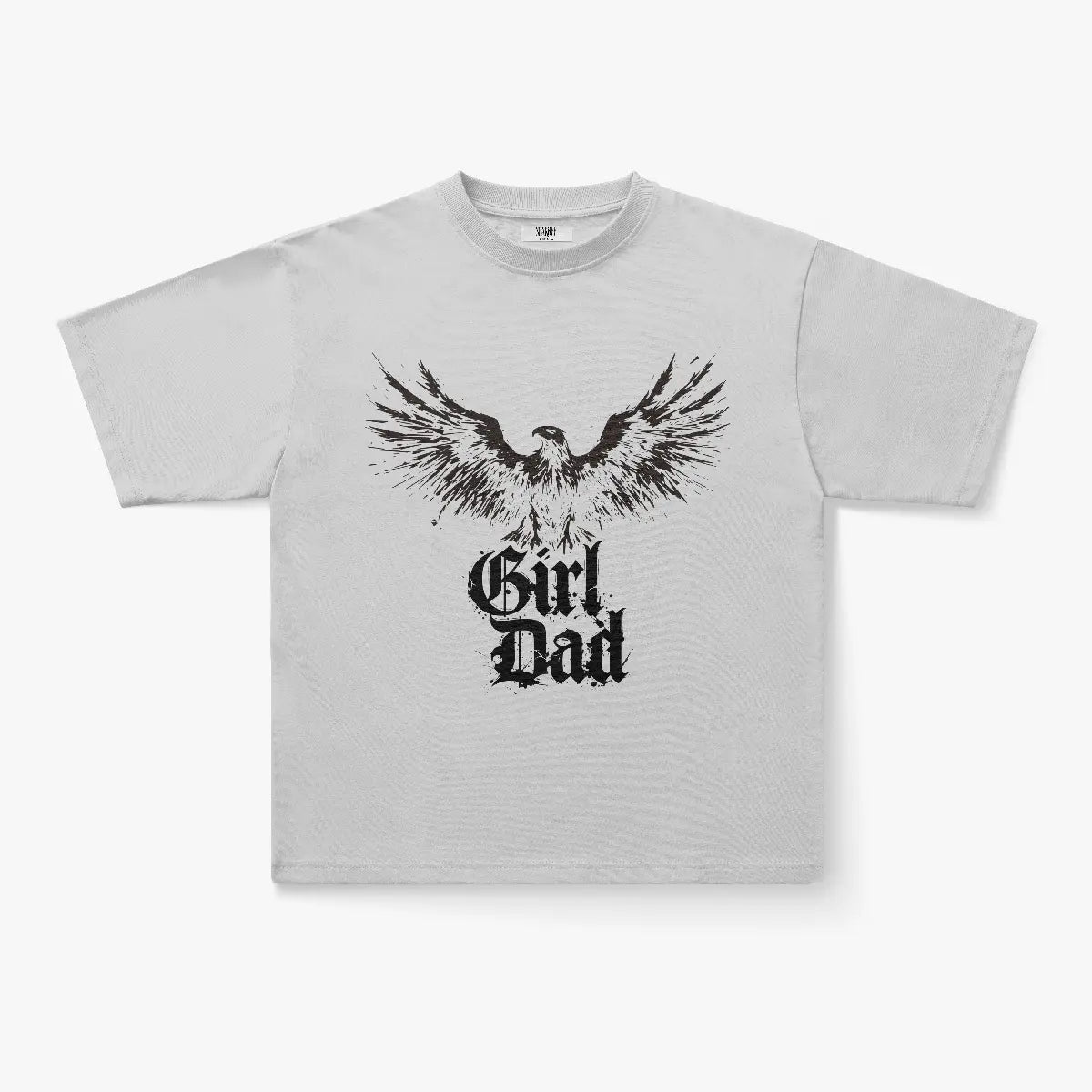 The Girl Dad Soaring Eagle Gothic Print Oversized White T-Shirt features a bold black eagle graphic above "Girl Dad" in decorative lettering on the front, adding streetwear flair to your wardrobe.