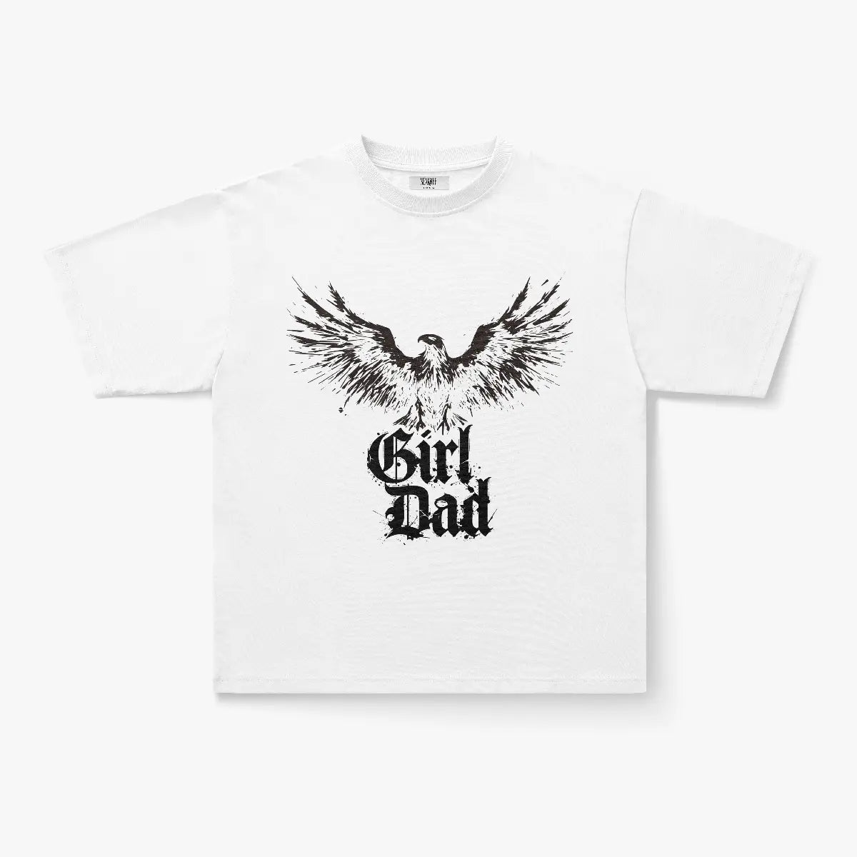 The Girl Dad Soaring Eagle Gothic Print Oversized White T-Shirt showcases a bold black gothic eagle with outstretched wings above Gothic-style "Girl Dad" text on the front.