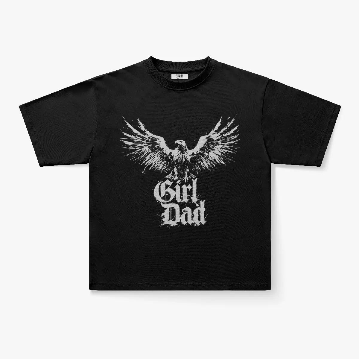 The Girl Dad Soaring Eagle Gothic Print Oversized White T-Shirt features a bold eagle graphic with distressed "Girl Dad" lettering in a striking, streetwear style.