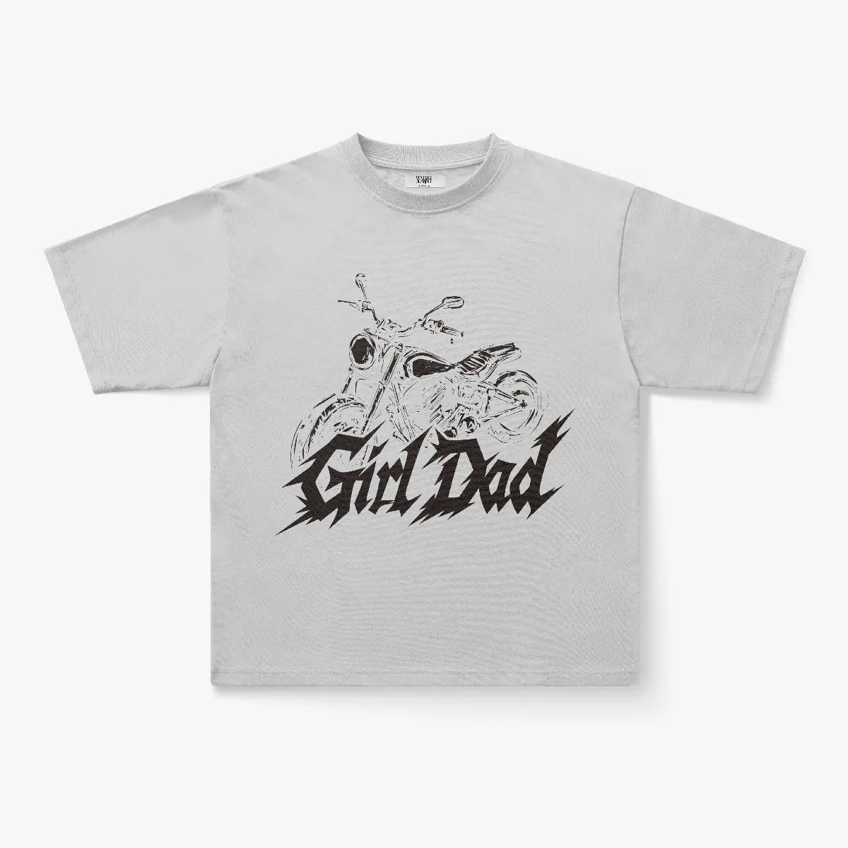The Girl Dad Moto Graphic Oversized T-Shirt in Light Grey features a black motorcycle line drawing above bold "Girl Dad" text on the front—a must-have streetwear tee for biker dads.