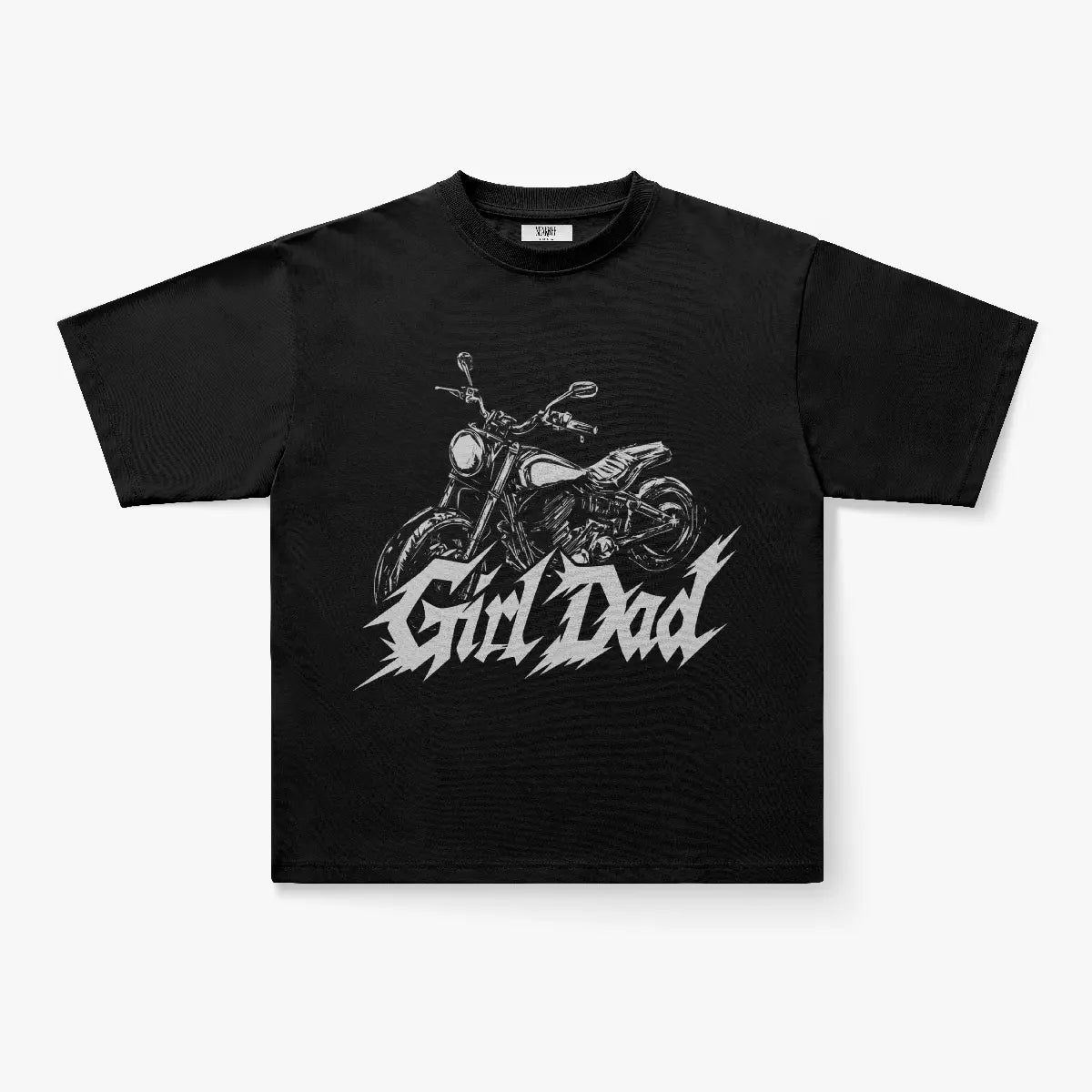 The Girl Dad Moto Graphic Oversized T-Shirt in Light Grey features a bold biker graphic and silver distressed "Girl Dad" text—perfect streetwear for motorcycle-loving dads who want to ride in style.
