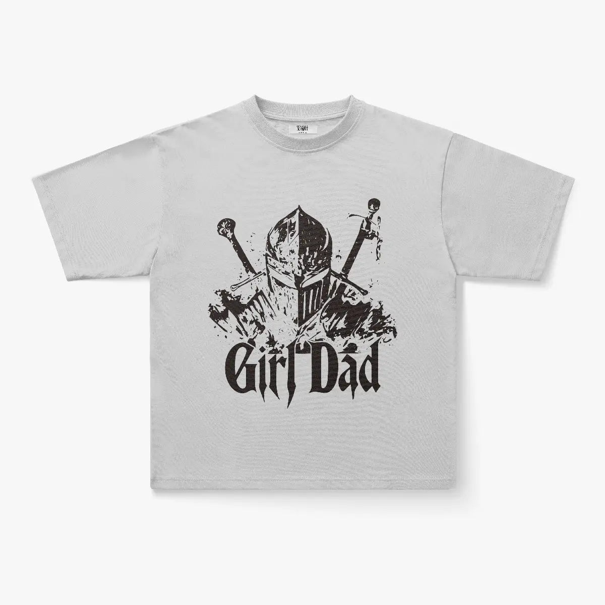 The Girl Dad Knight Armor Graphic Print Oversized T-Shirt in Sage Green features a medieval knight helmet with crossed swords and bold black lettering, made from vintage-washed cotton for a comfortable look.