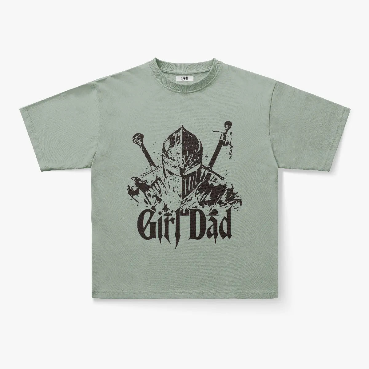 The Girl Dad Knight Armor Graphic Print Oversized T-Shirt in Sage Green features a bold medieval knight and crossed swords design, made from vintage-washed cotton for standout style.