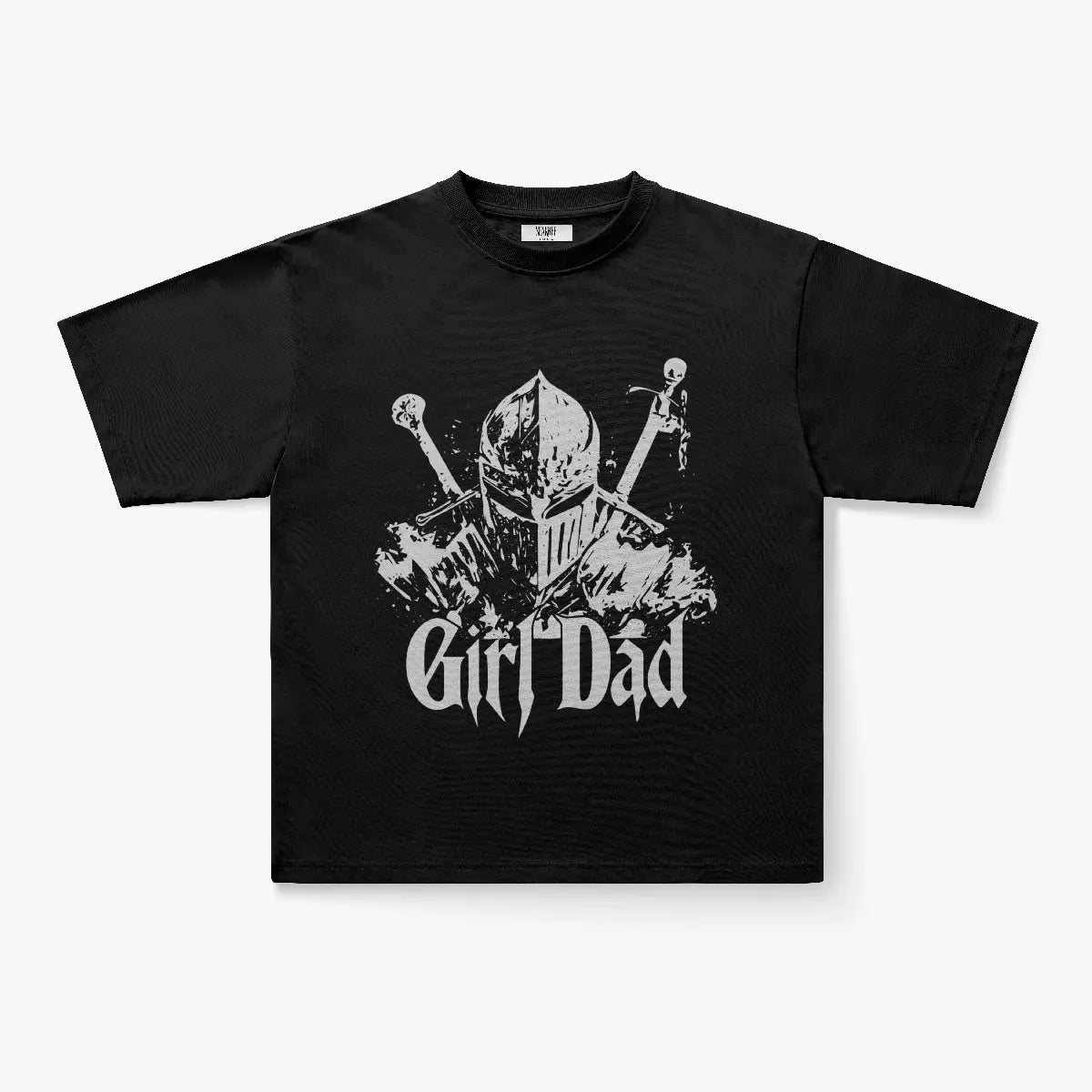 Show your pride in the Girl Dad Knight Armor Graphic Print Oversized T-Shirt in Sage Green, featuring a bold knight and crossed swords graphic with “Girl Dad” lettering.