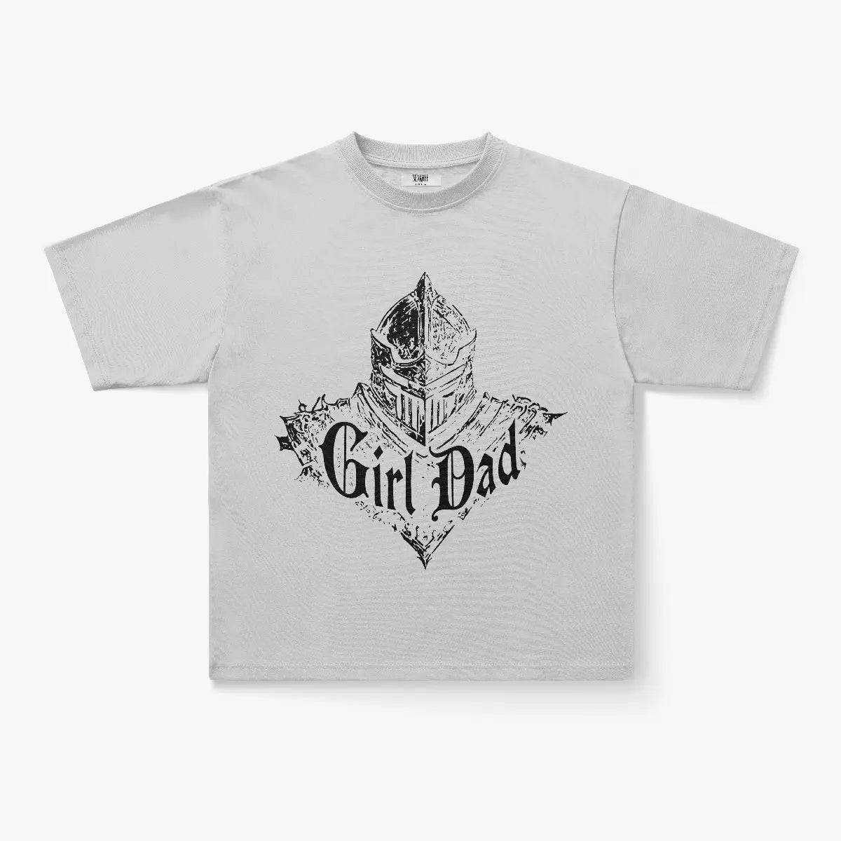 An oversized black Girl Dad T-shirt featuring a bold medieval knight and castle graphic above "Girl Dad" in decorative lettering on the front.